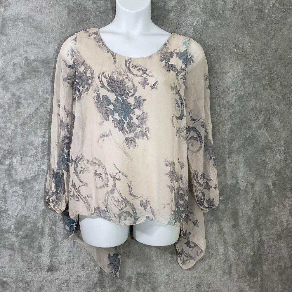 Tendenze Silk Sheer Tunic top size L floral  gray blue Flowy Boho Romantic Italy